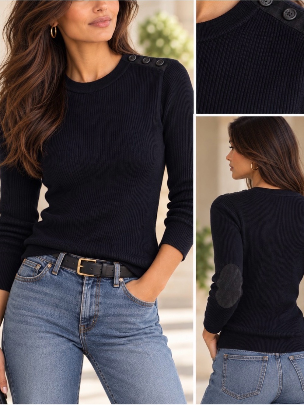 Lauren Ralph Lauren Black Ribbed Crewneck Petite Sweater with Shoulder Buttons
